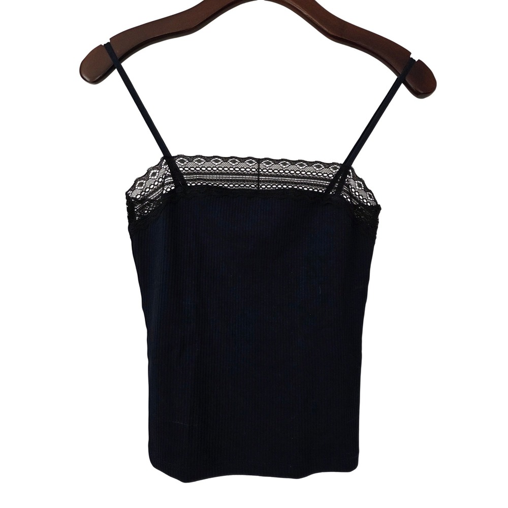 Madewell Lace Trim Square Neck Top‎ Ribbed Women S Navy Blue NWT $58 NY280